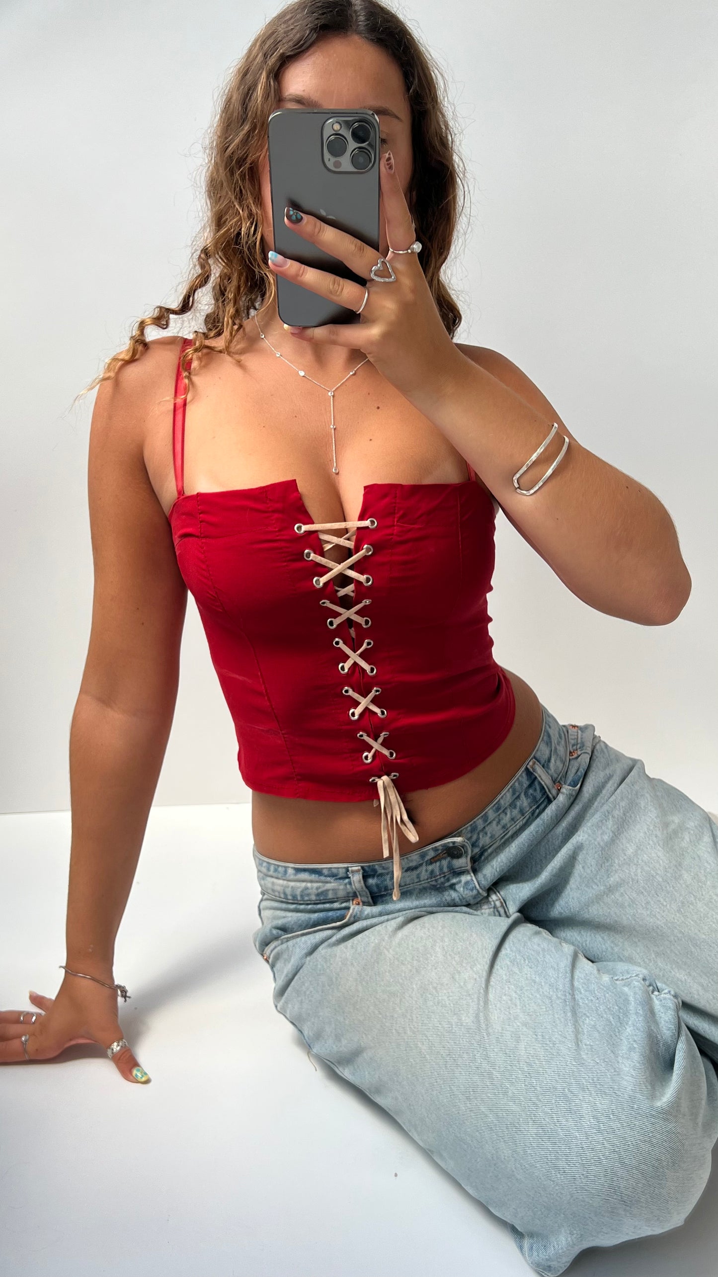 00s red lace up cami- size S