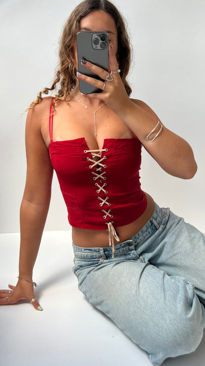 00s red lace up cami- size S