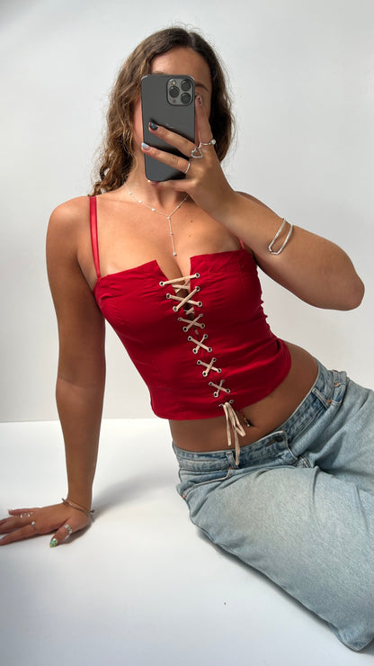 00s red lace up cami- size S