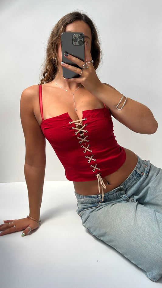 00s red lace up cami- size S