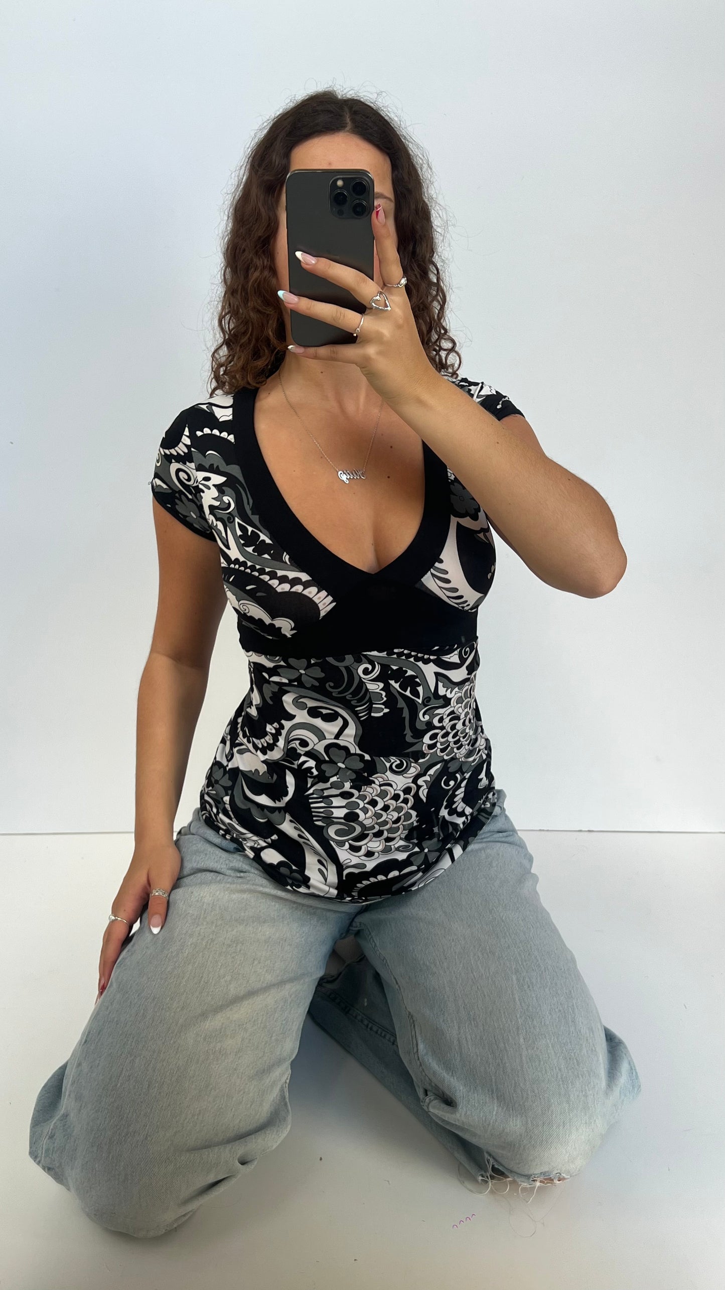 00s black patterned babydoll top- size S