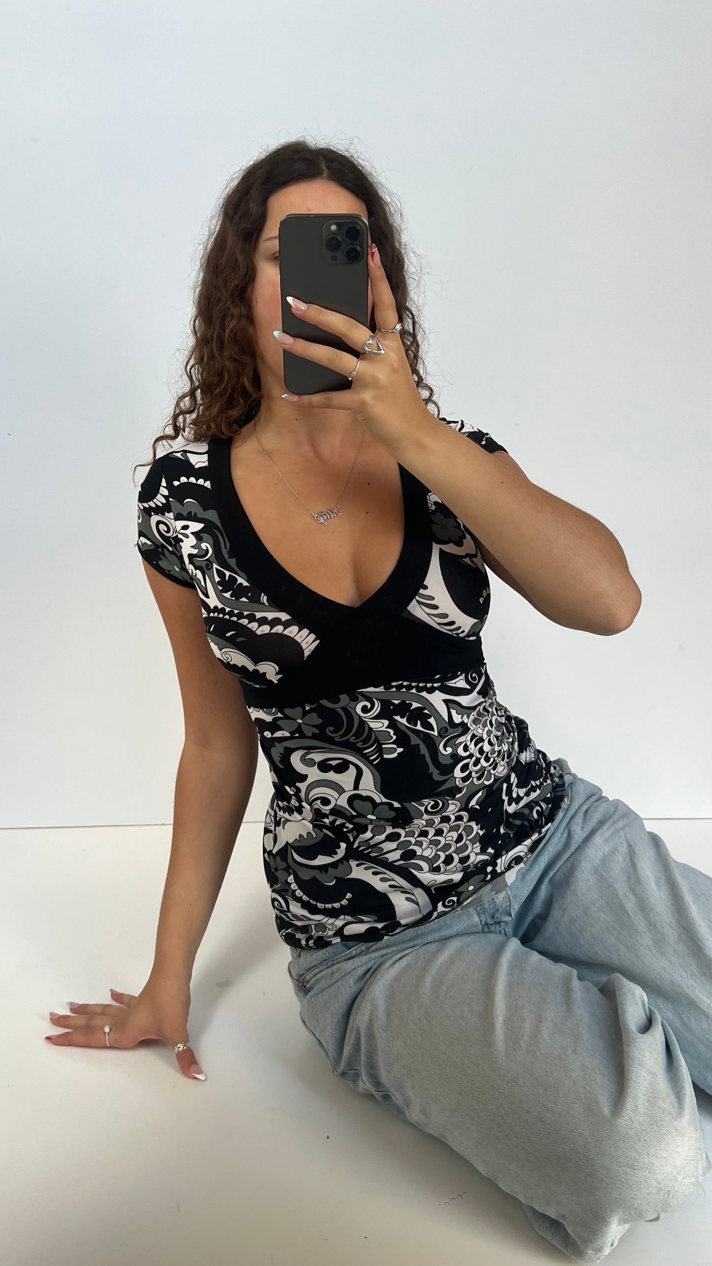 00s black patterned babydoll top- size S