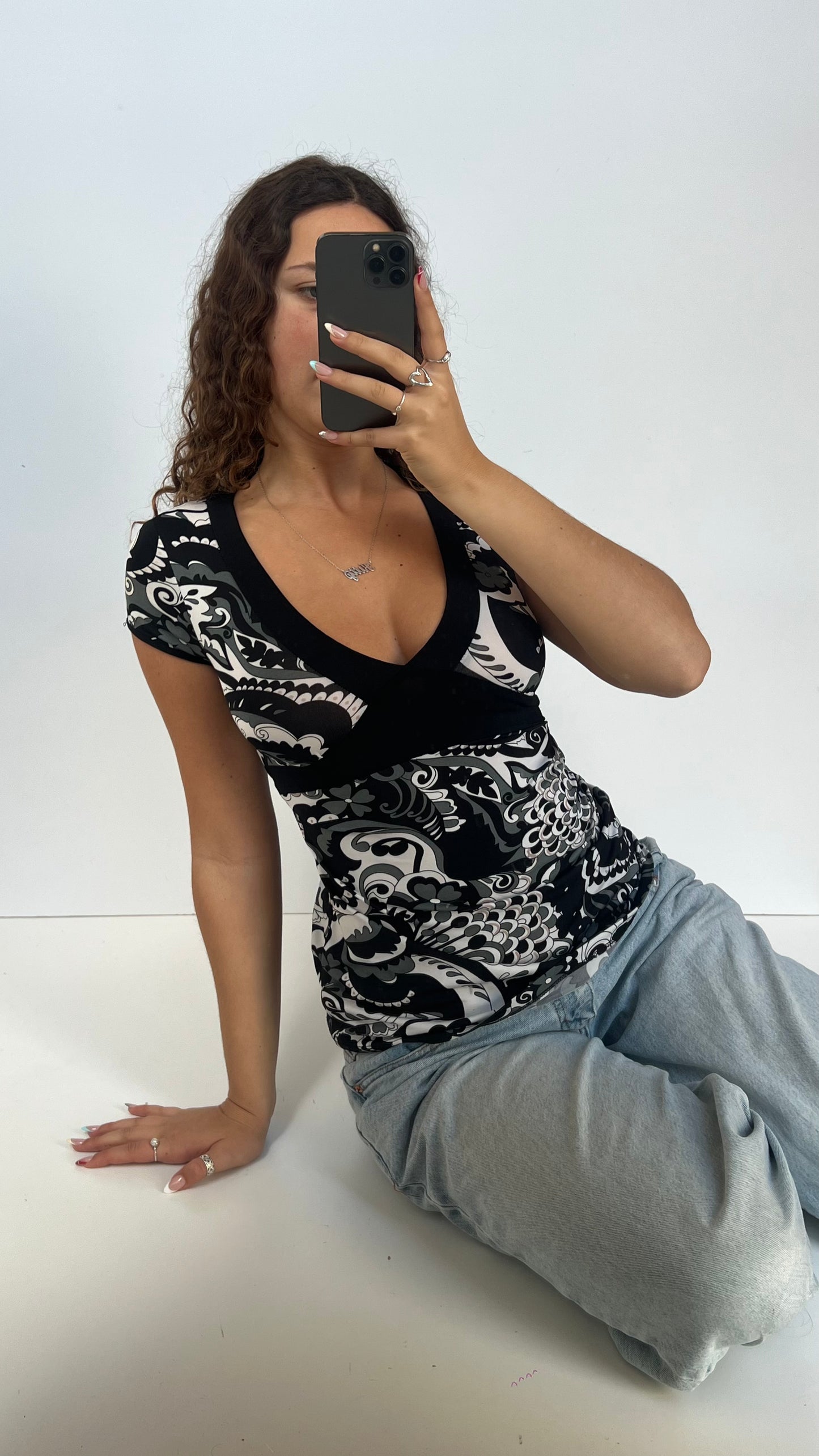 00s black patterned babydoll top- size S