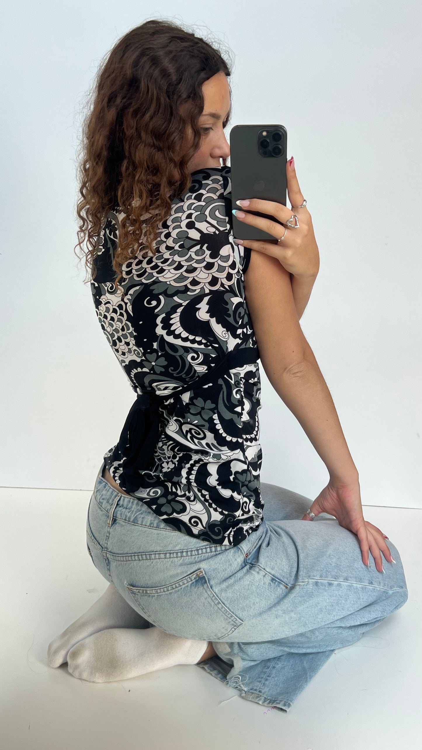 00s black patterned babydoll top- size S