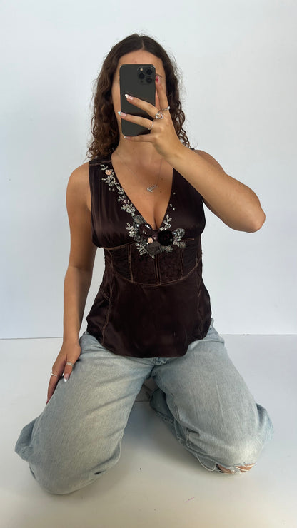 00s brown silk top- size M