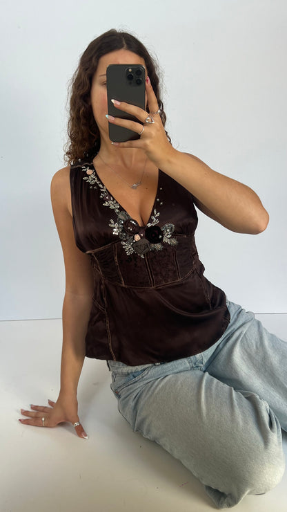00s brown silk top- size M