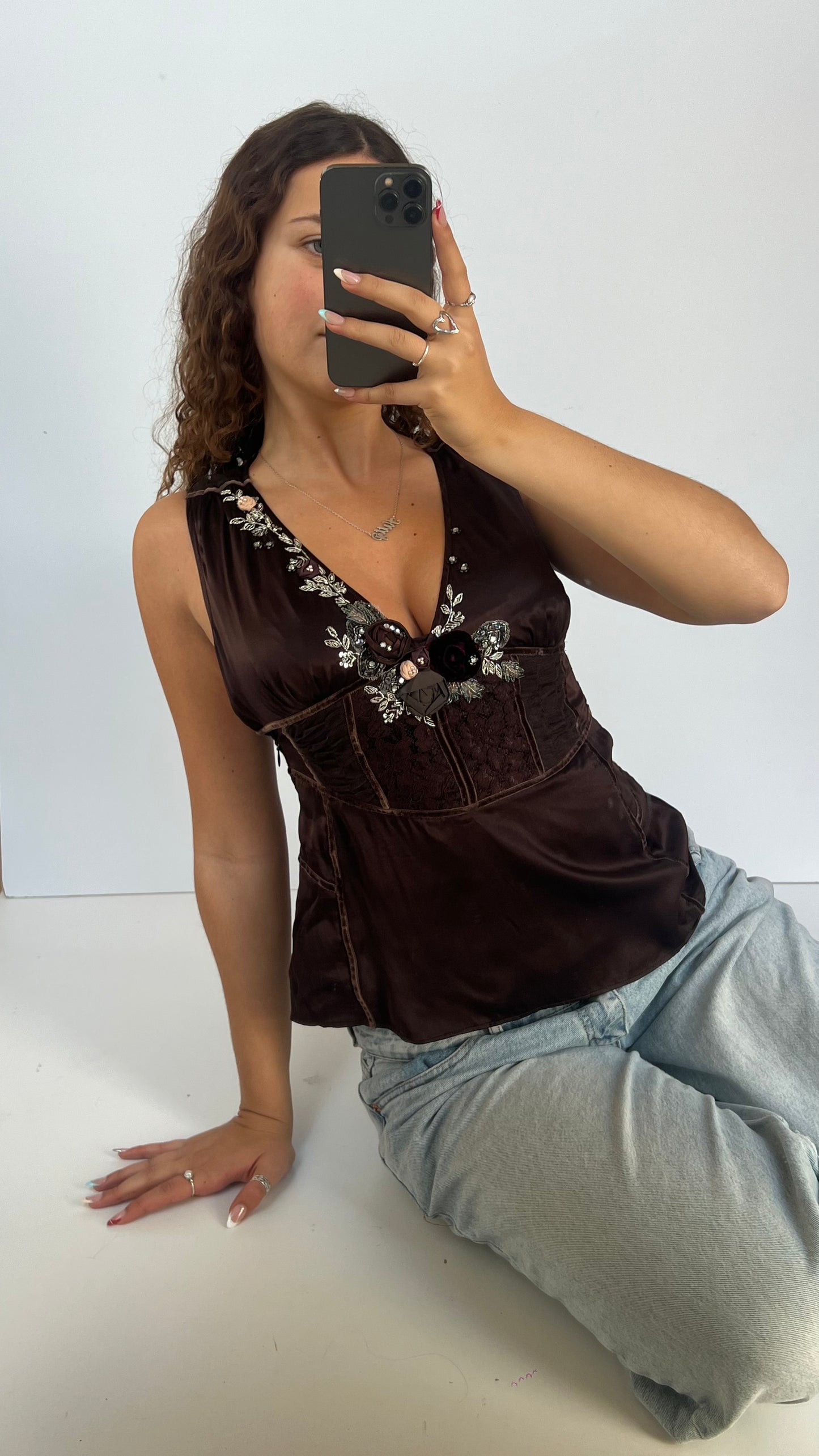 00s brown silk top- size M