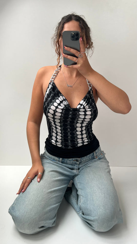 00s black polka dot halter top- size S