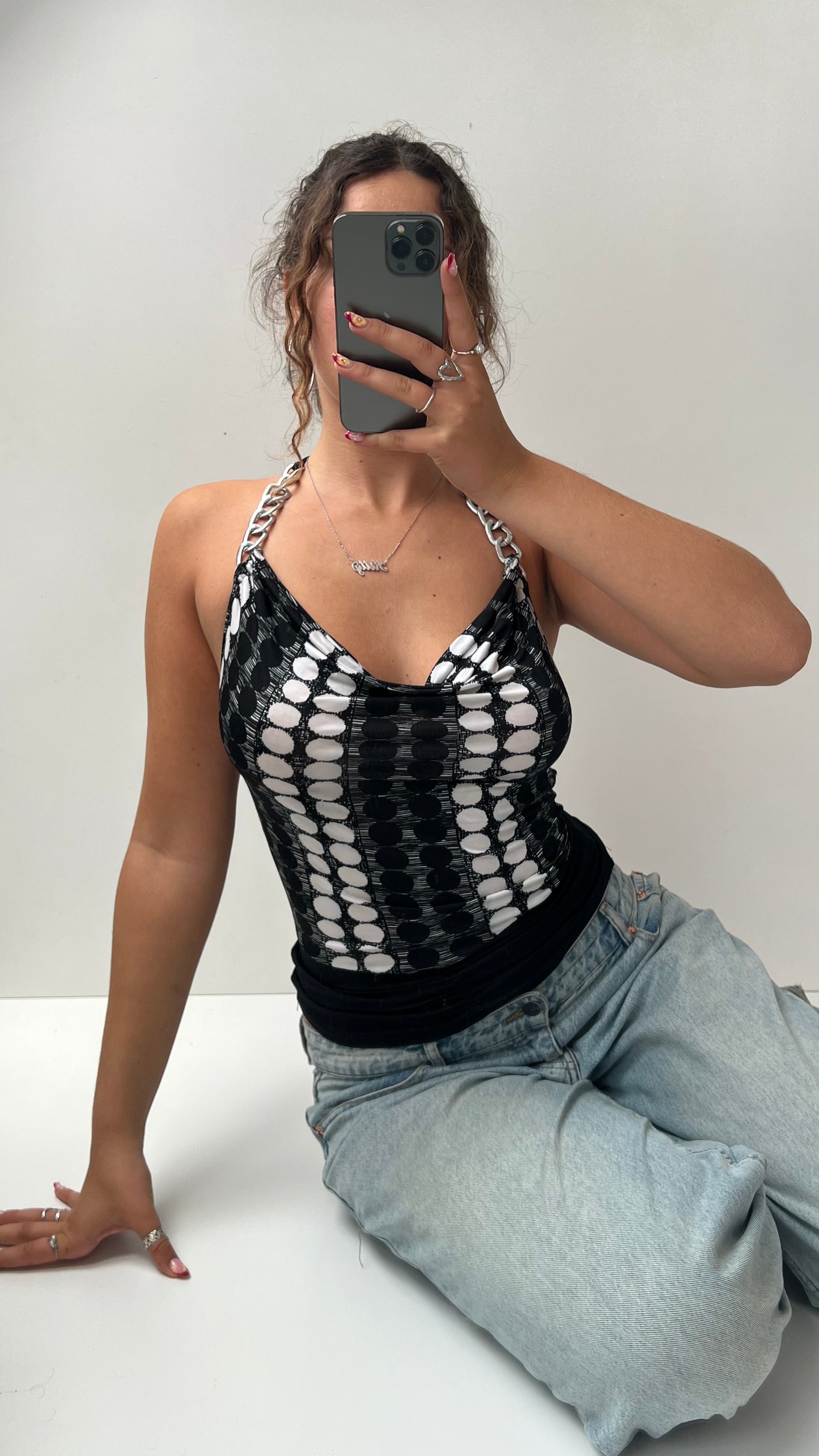 00s black polka dot halter top- size S