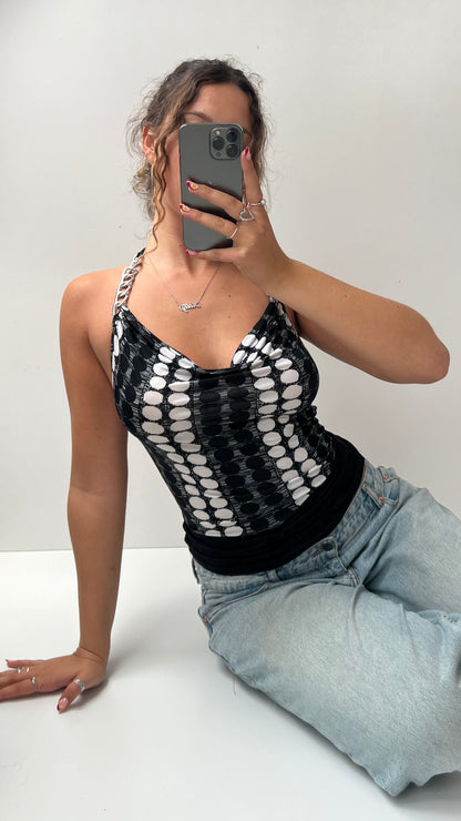 00s black polka dot halter top- size S
