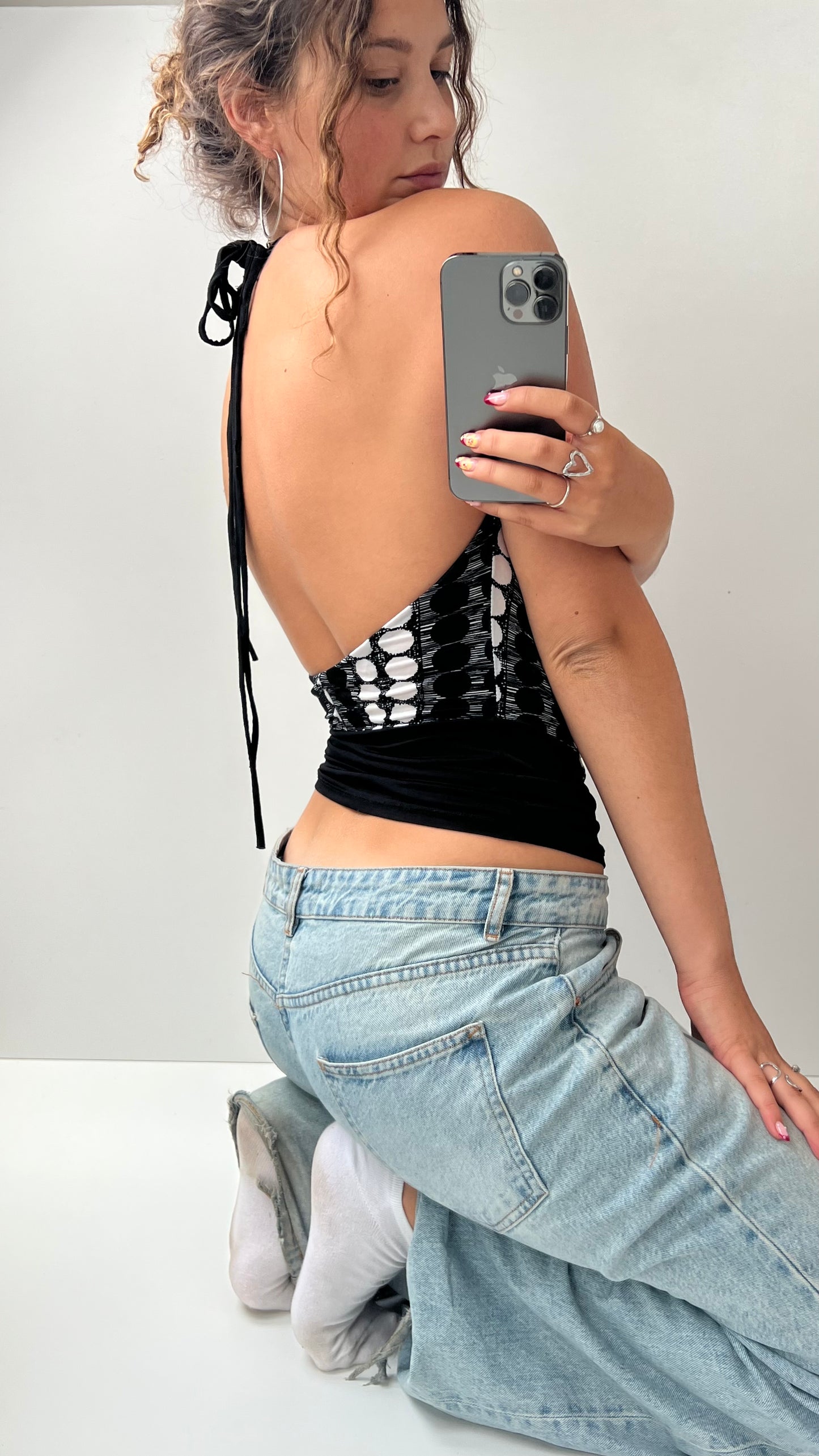 00s black polka dot halter top- size S