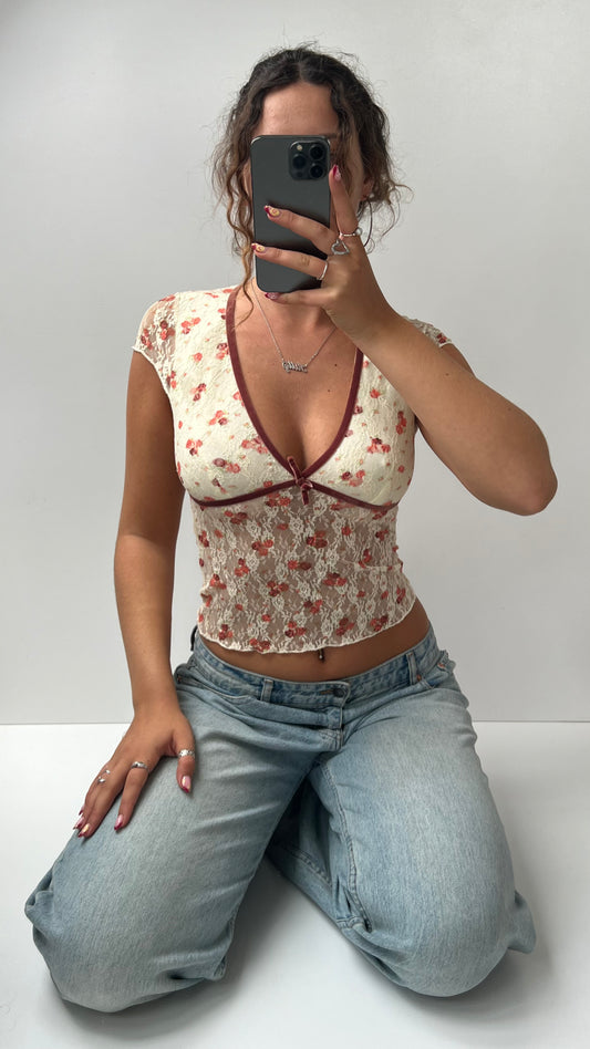 00s cream lace floral babydoll top- size S