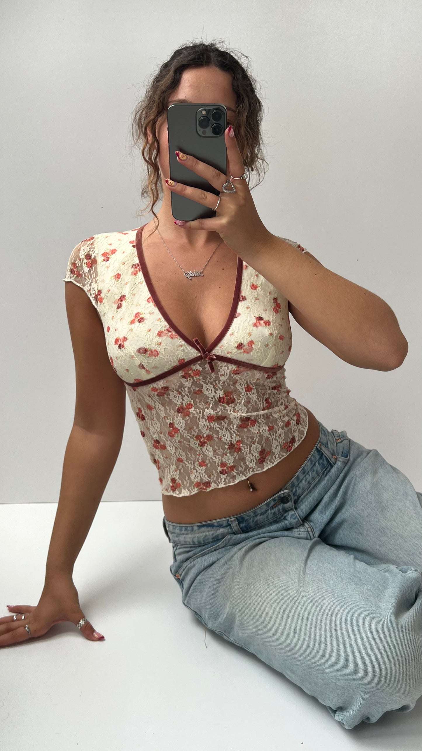 00s cream lace floral babydoll top- size S