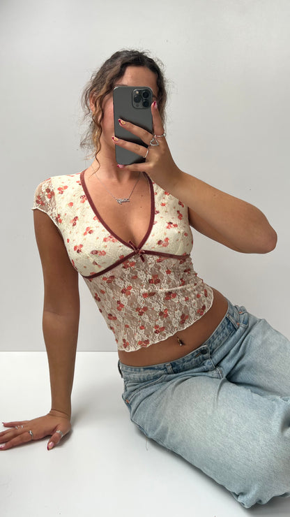 00s cream lace floral babydoll top- size S