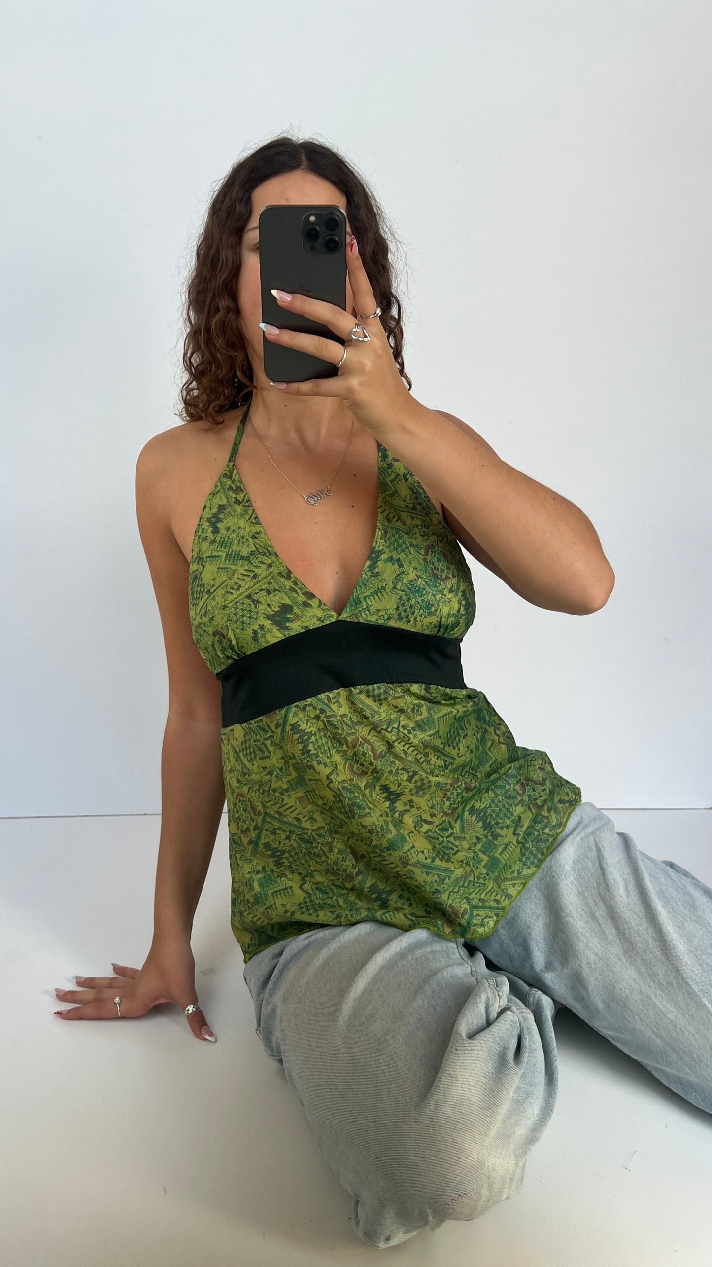 00s green silk cami- size M