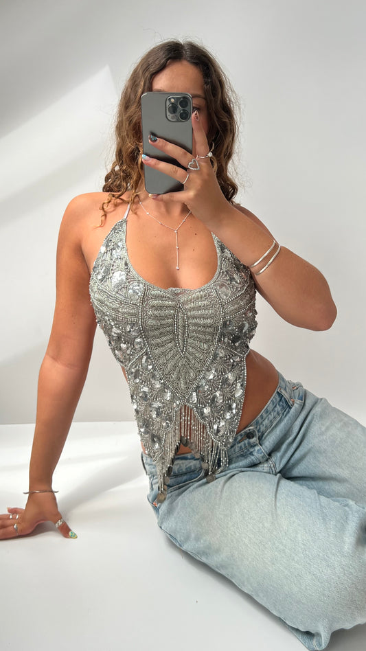 00s backless silver beaded top- size S