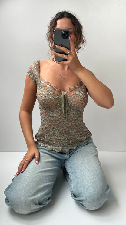 00s green lace babydoll top- size S