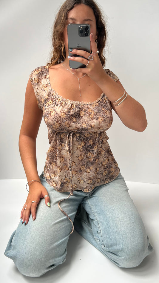 00s brown floral mesh top- size M