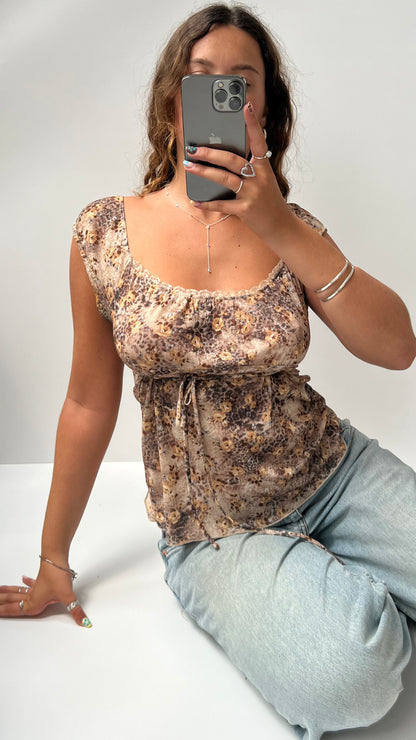 00s brown floral mesh top- size M