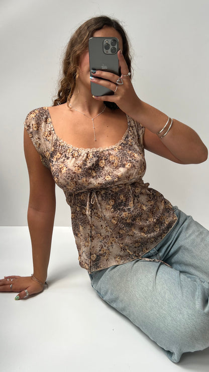 00s brown floral mesh top- size M