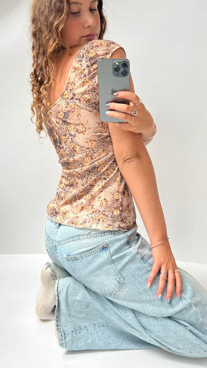 00s brown floral mesh top- size M