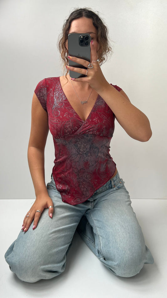 00s red glitter babydoll top- size XS