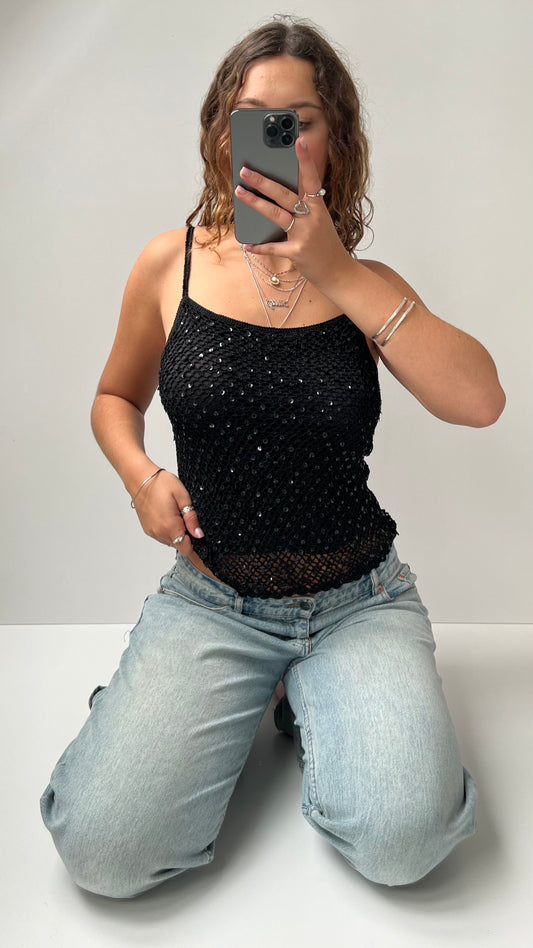 00s black crochet sequin cami- size M