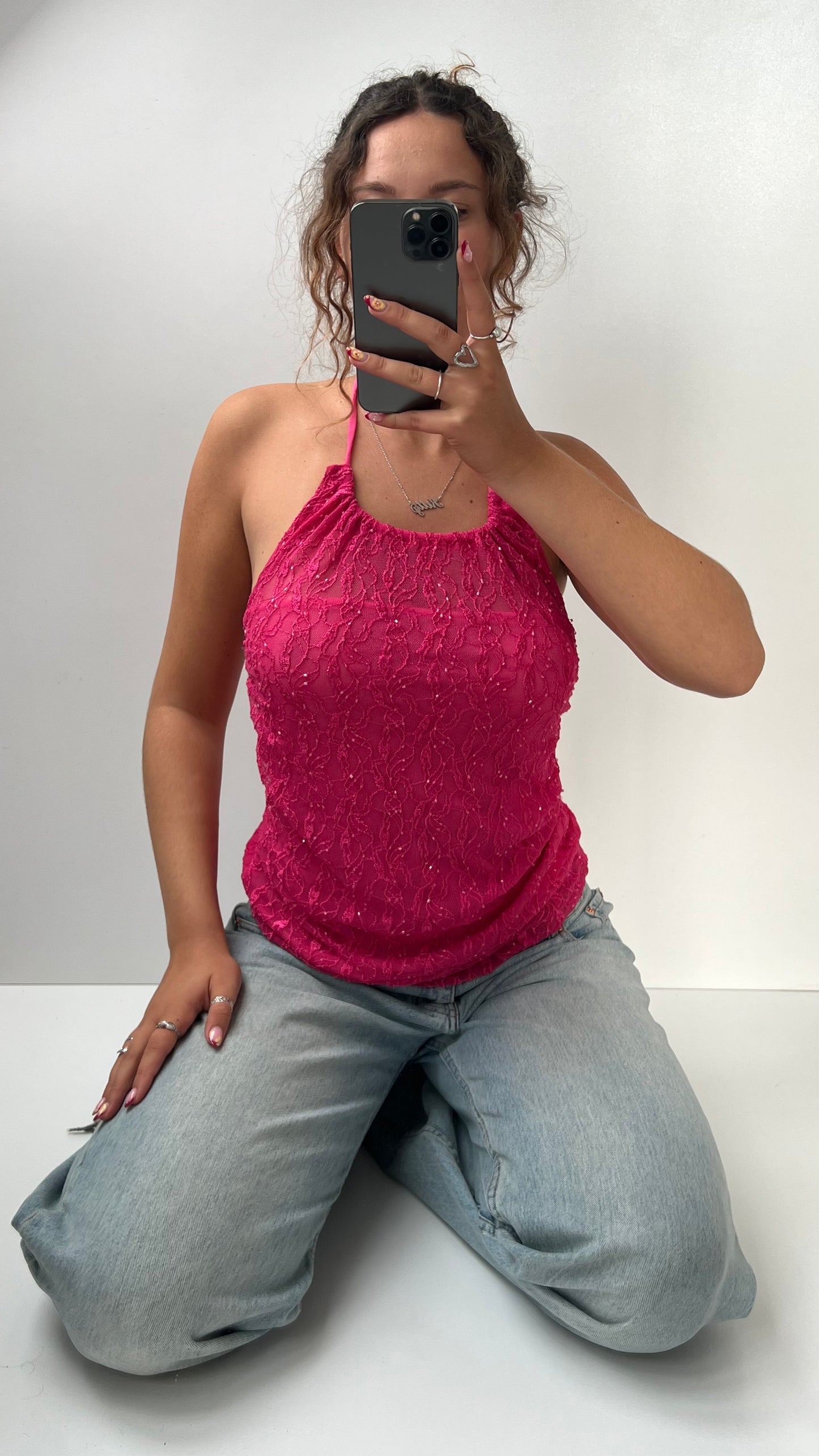 00s pink sequin halter top- size M