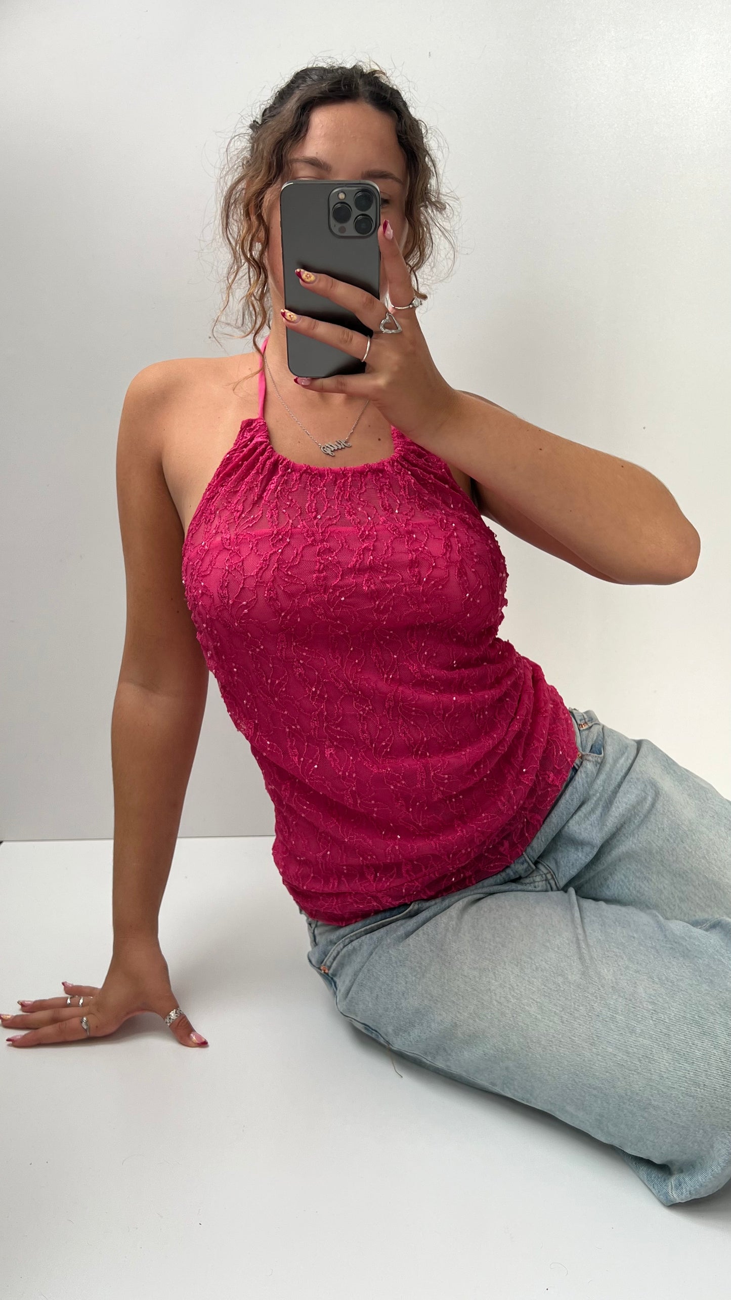 00s pink sequin halter top- size M
