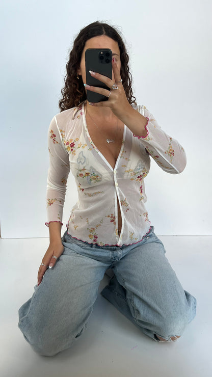 00s white floral mesh top- size M