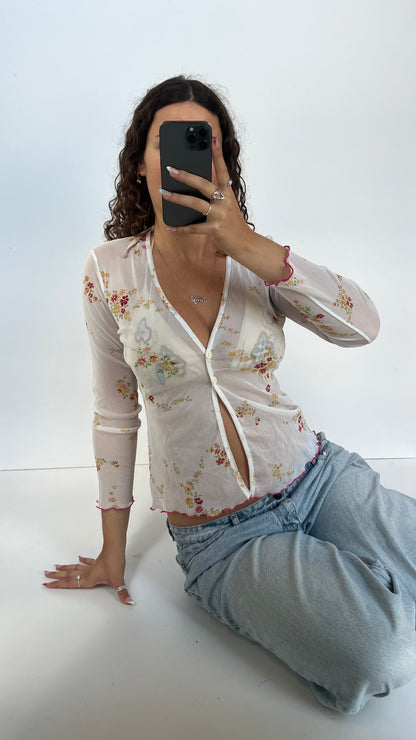 00s white floral mesh top- size M