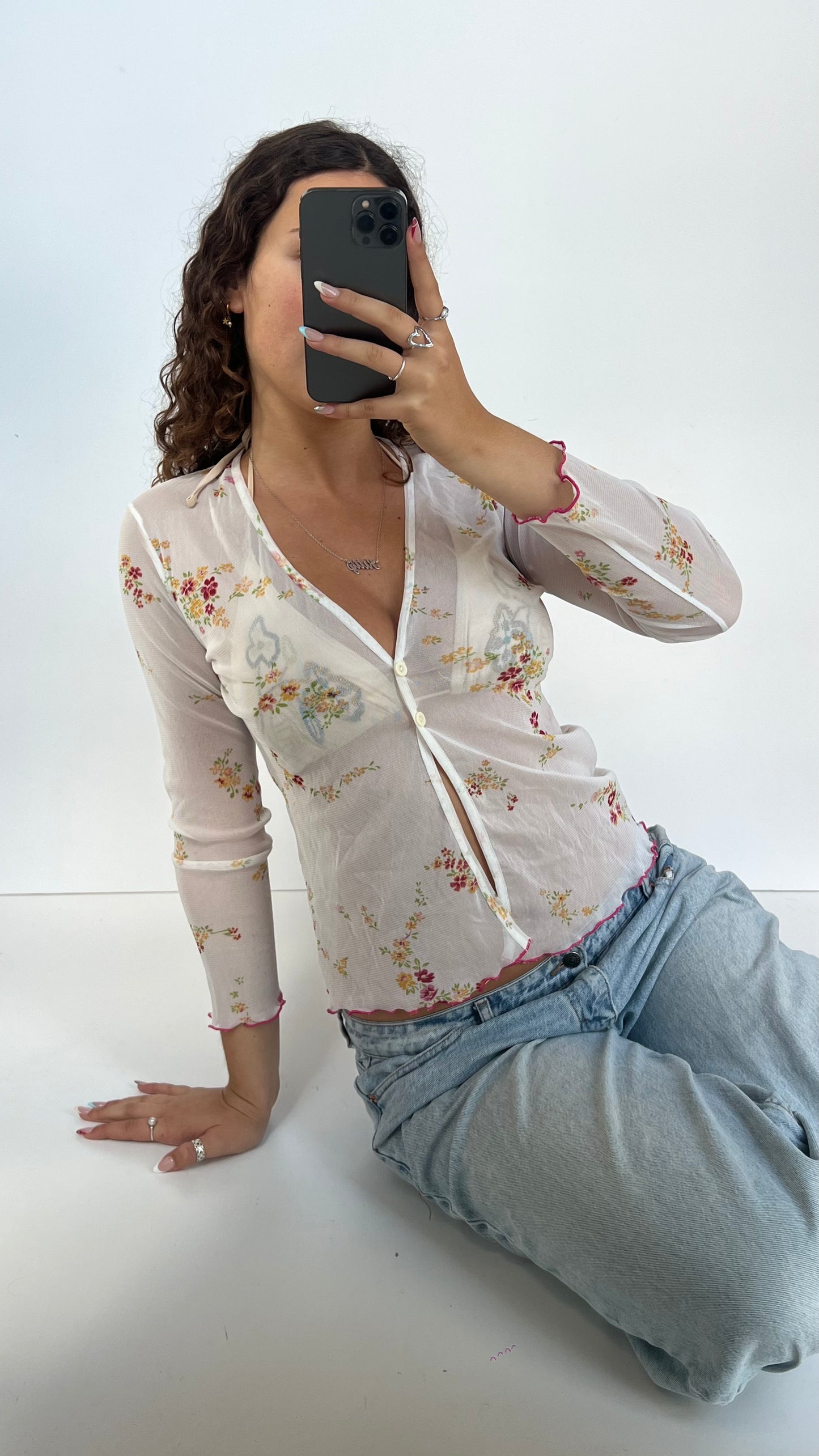 00s white floral mesh top- size M