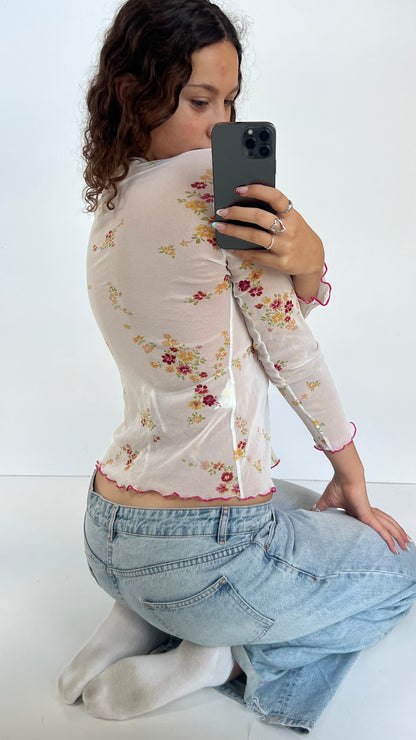00s white floral mesh top- size M