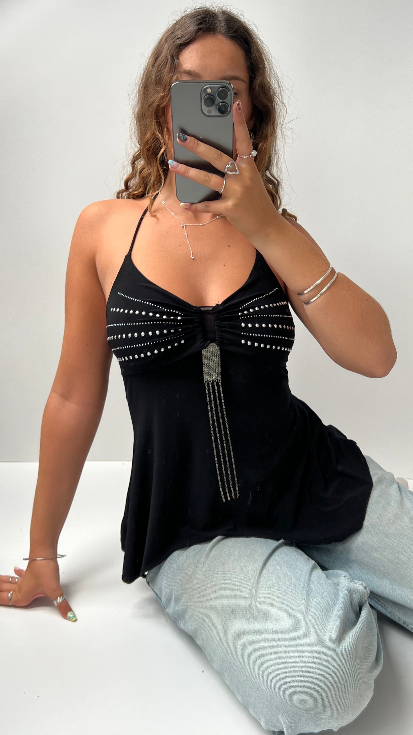 00s black diamanté halter cami- size M