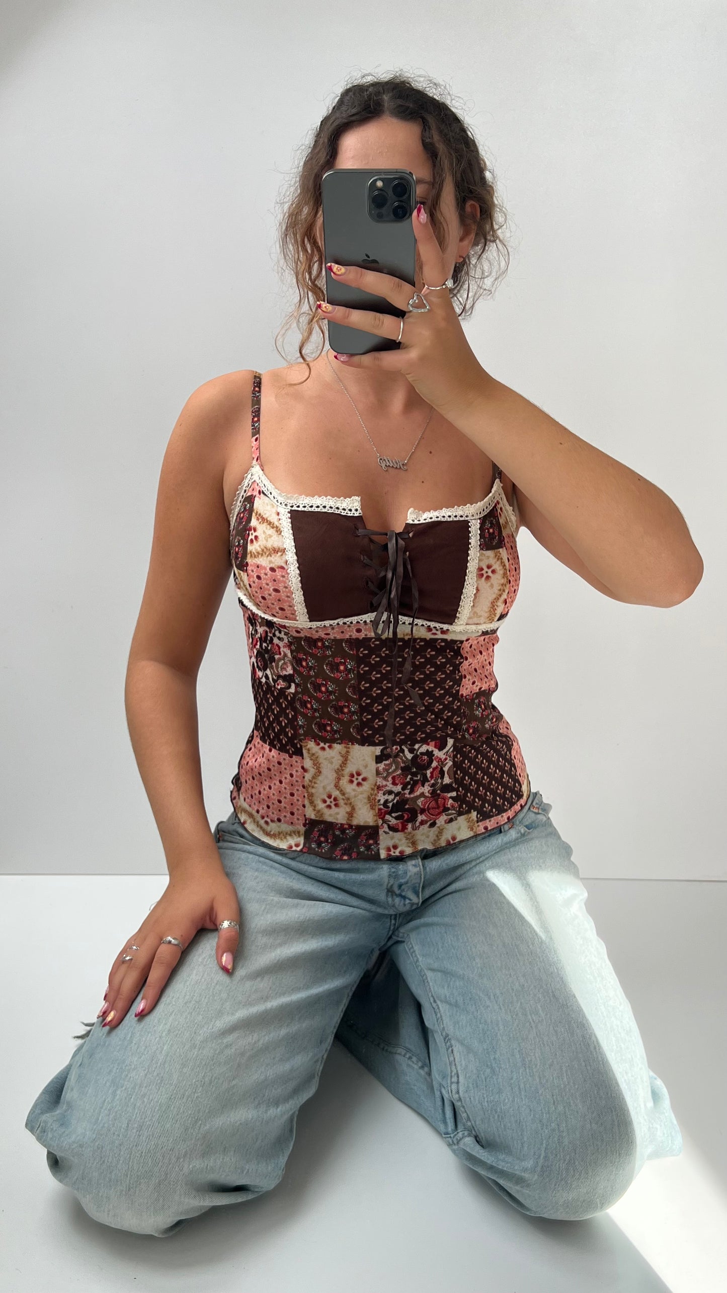 00s pink brown patchwork cami- size S