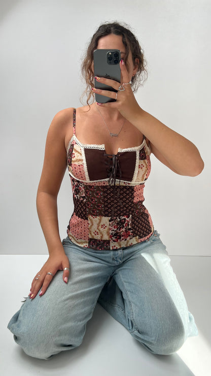 00s pink brown patchwork cami- size S