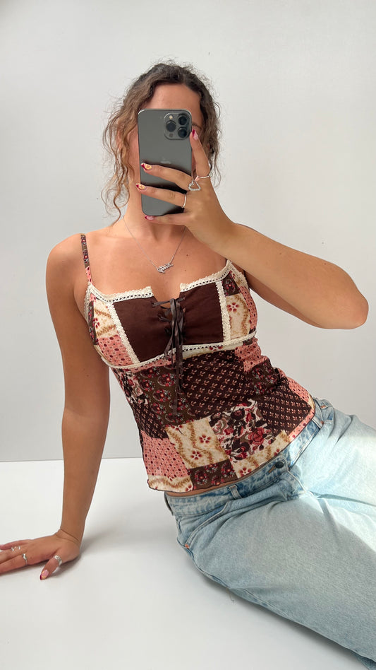 00s pink brown patchwork cami- size S