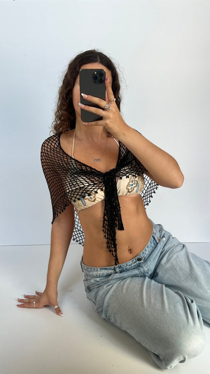 00s black crochet beaded shrug- one size
