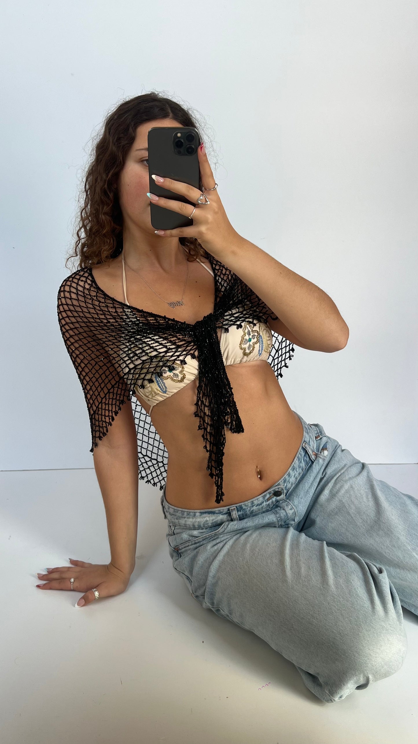 00s black crochet beaded shrug- one size