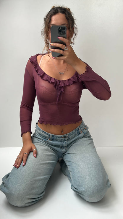 00s burgundy mesh long sleeve top- size S