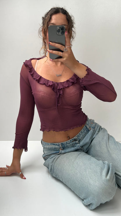 00s burgundy mesh long sleeve top- size S