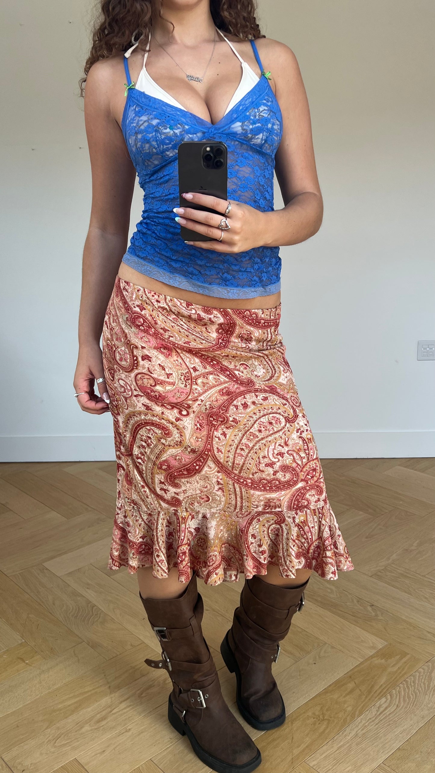 00s pink paisley midi skirt- size M