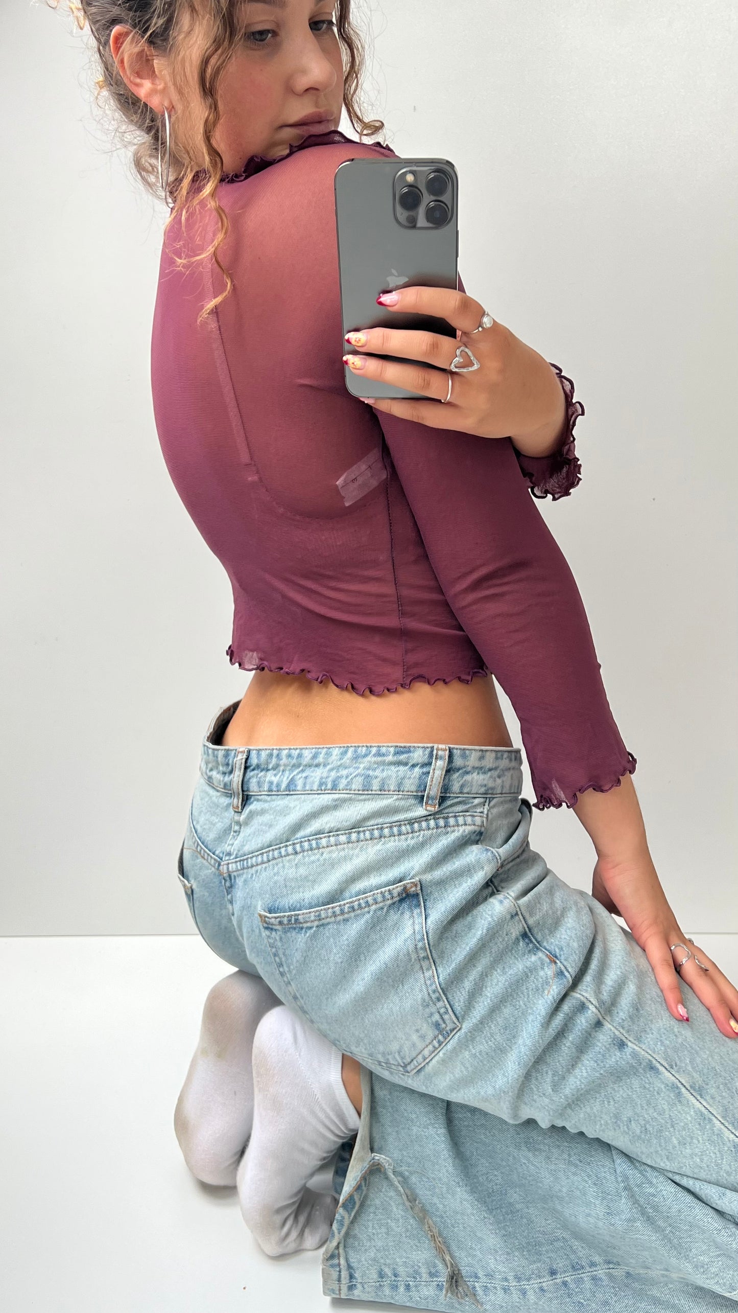 00s burgundy mesh long sleeve top- size S