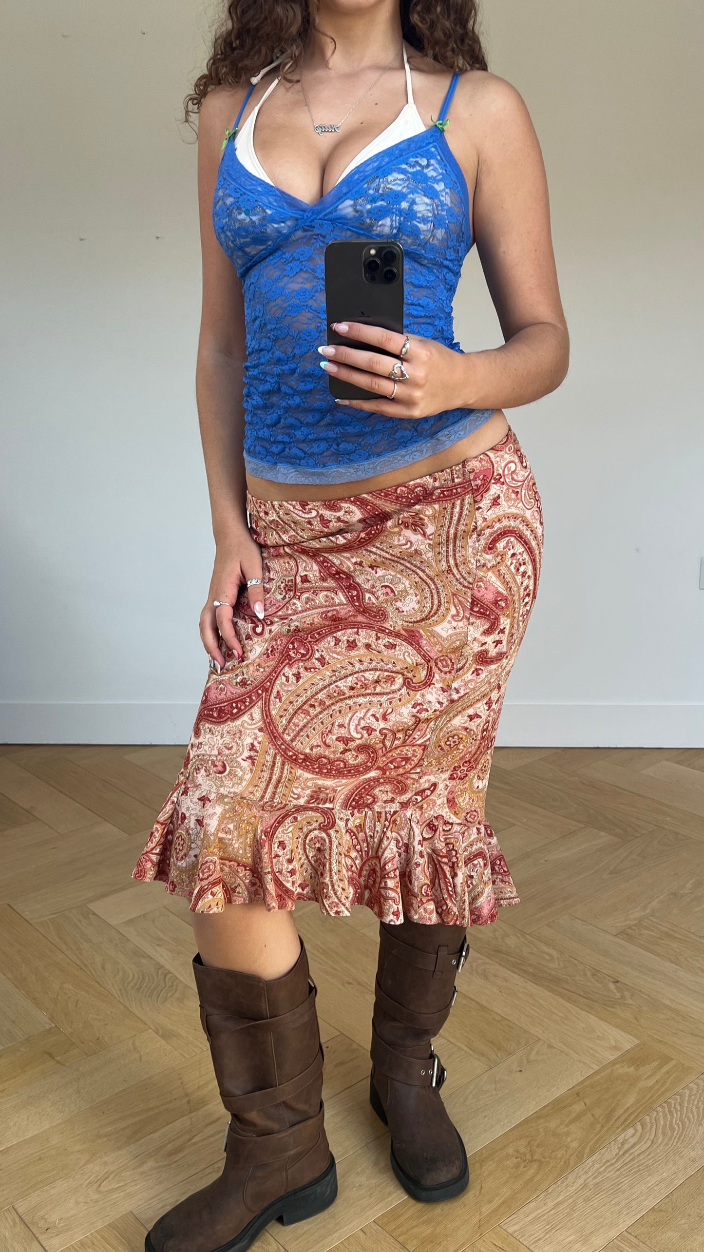 00s pink paisley midi skirt- size M