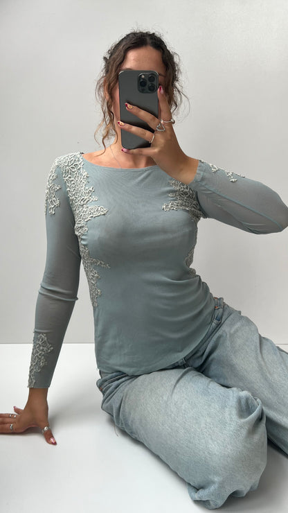 00s blue mesh lace long sleeve top- size M