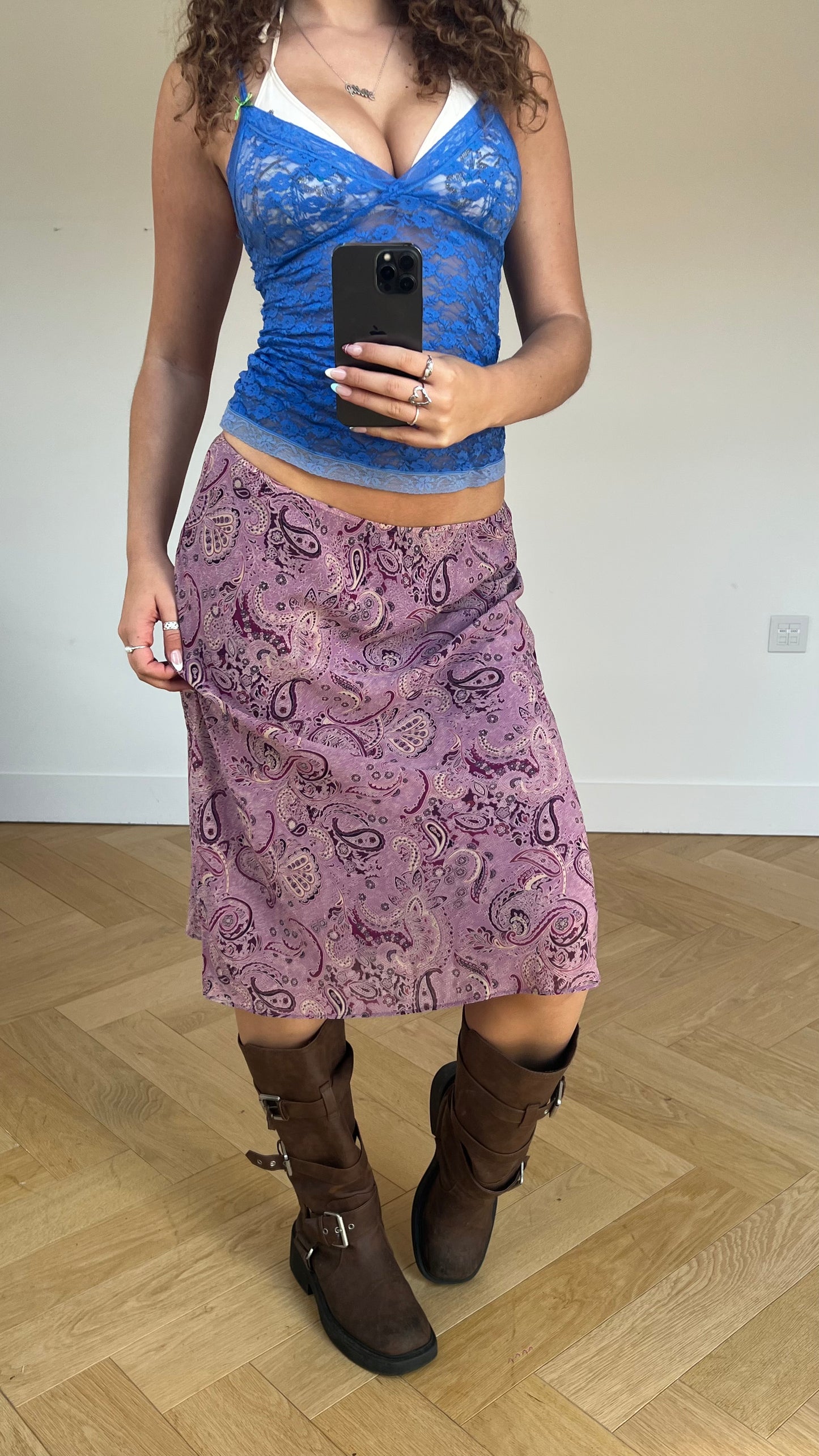 00s purple paisley midi skirt- size M