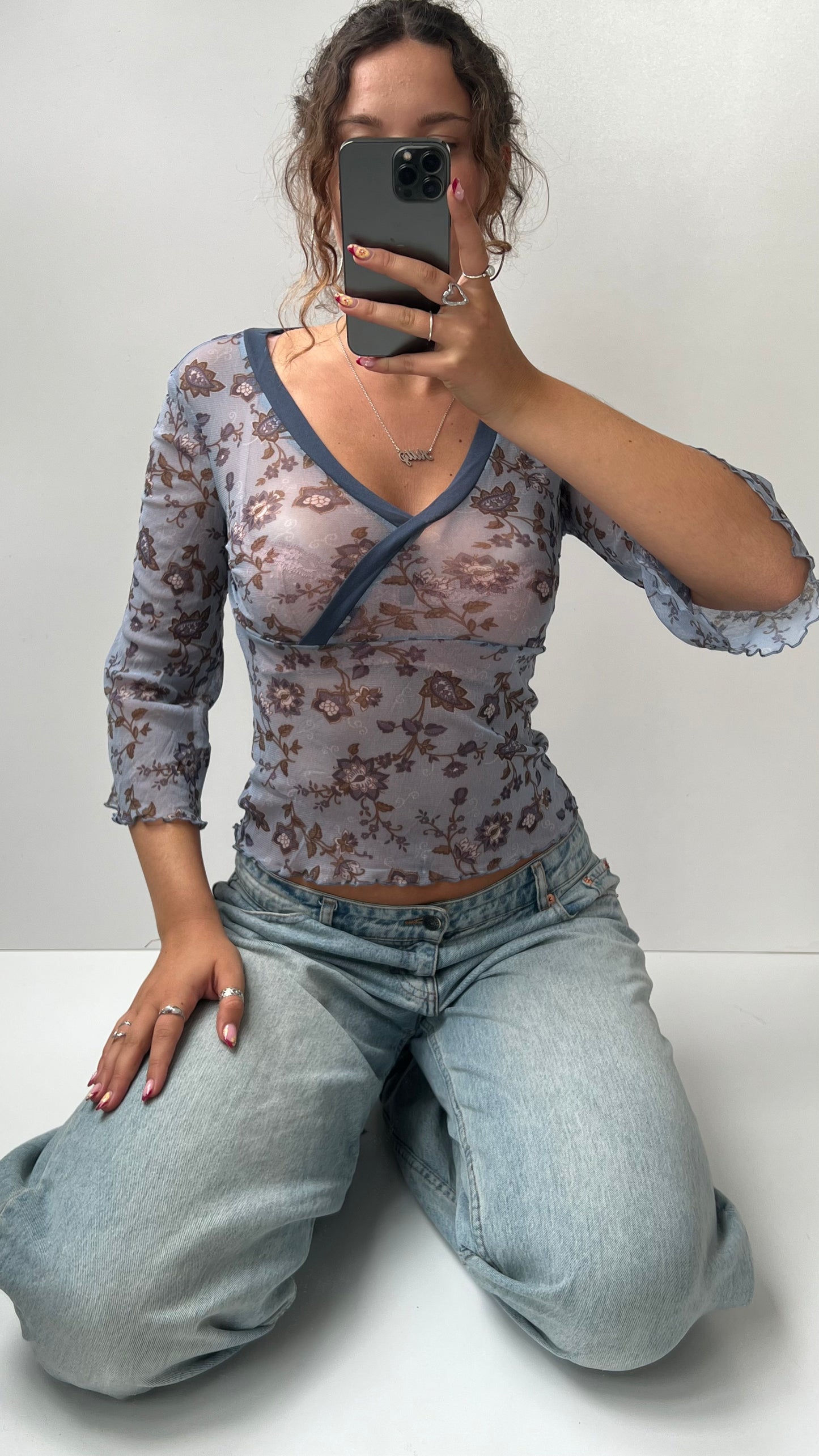 00s blue mesh floral long sleeve top- size S