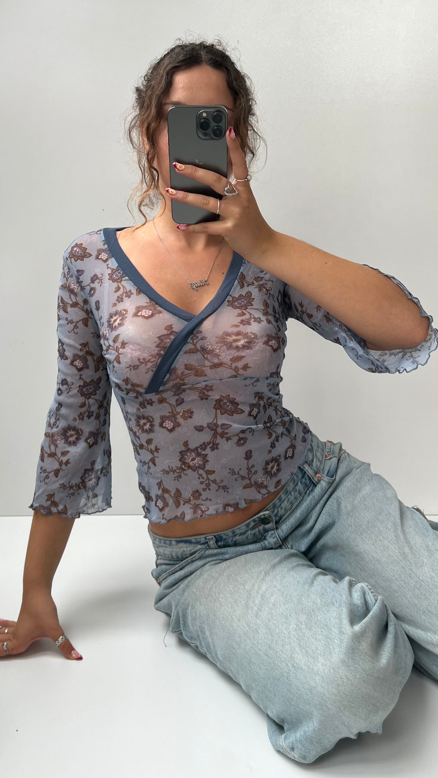 00s blue mesh floral long sleeve top- size S