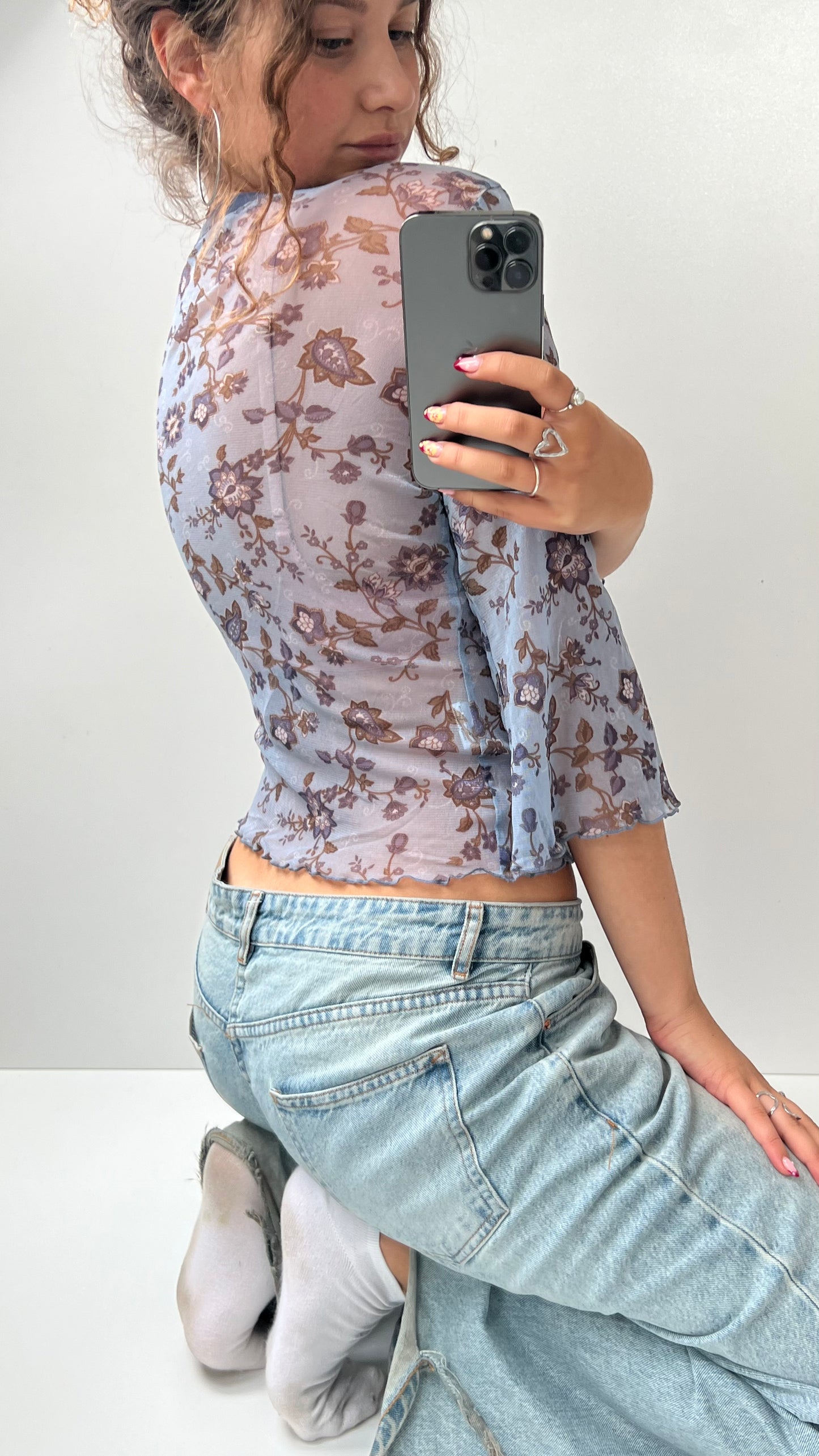 00s blue mesh floral long sleeve top- size S