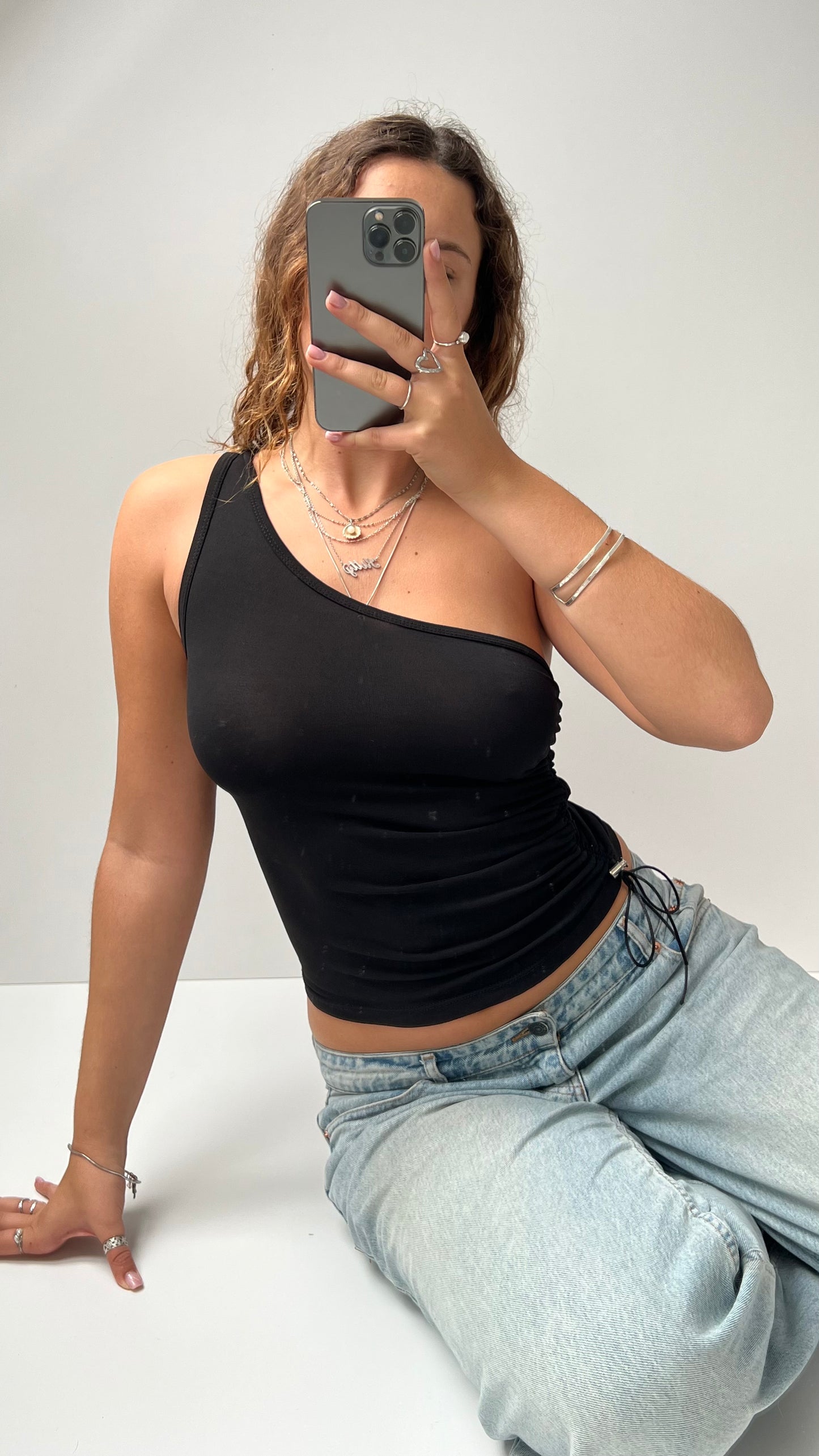 00s black slinky one shoulder cami- size S